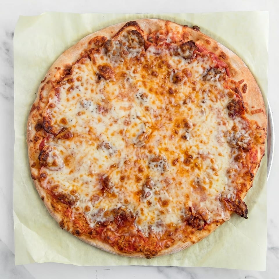 A whole, round pizza with melted cheese and sausage on a light green paper liner.
